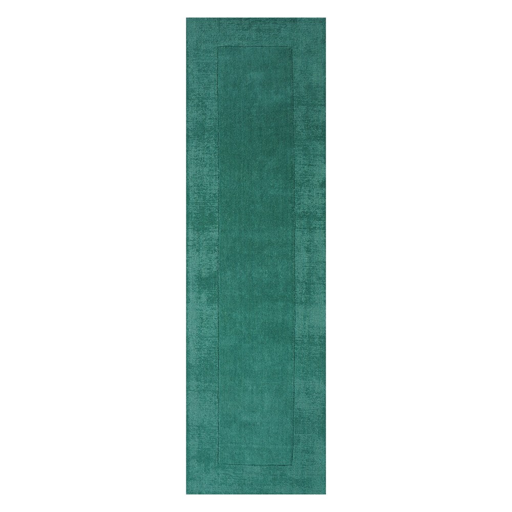 Handloom Plain Carved Border Wool Runner Rugs in Green